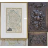 2 carved wooden panels & an old map of Lincolnshire