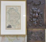 2 carved wooden panels & an old map of Lincolnshire