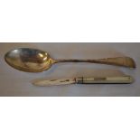 Silver spoon and a mother of pearl fruit knife with silver blade