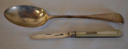 Silver spoon and a mother of pearl fruit knife with silver blade