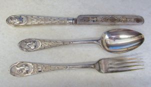 Silver knife, fork and spoon Sheffield 1873 & 1879 weight 3.