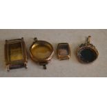 Various 9ct gold scrap including watch cases and a swivel fob with one stone missing,