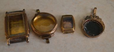 Various 9ct gold scrap including watch cases and a swivel fob with one stone missing,