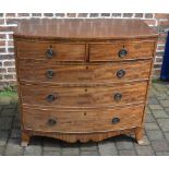 Georgian mahogany veneer bow fronted chest of drawers with ring handles & splayed bracket feet