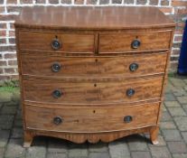 Georgian mahogany veneer bow fronted chest of drawers with ring handles & splayed bracket feet