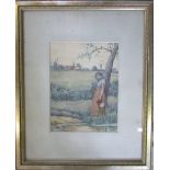 Late 19th/early 20th century watercolour of a woman by a stream 36 cm x 45 cm