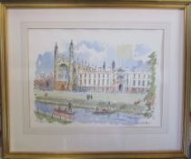 Colour wash print of Kings College Cambridge by Derek Abel from the original in the Benet Gallery