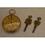 Yellow metal ladies pocket watch, case stamped 9K with floral decorated dial,