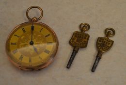 Yellow metal ladies pocket watch, case stamped 9K with floral decorated dial,