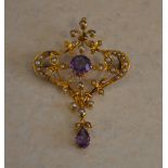 Possibly 18ct gold (no hallmarks) amethyst and pearl brooch (some pearls missing,