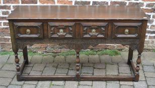 Very good quality reproduction 17th century oak dresser base / sideboard with geometric moulded