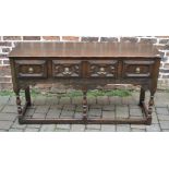 Very good quality reproduction 17th century oak dresser base / sideboard with geometric moulded