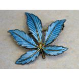Bernard Meldahl Norwegian sterling silver blue guilloche enamel brooch in the shape of a maple leaf,