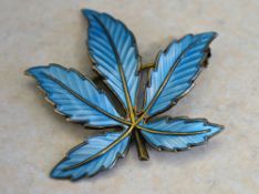 Bernard Meldahl Norwegian sterling silver blue guilloche enamel brooch in the shape of a maple leaf,