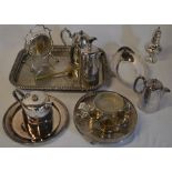 Various silver plate including dinner gong, coffee pot,