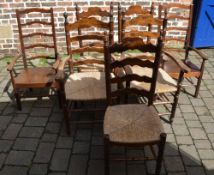 5 rush seat ladder back chairs (incl 2 near match carvers) and 2 solid seat ladder back carver