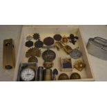 WWI medal, various badges, silver ladies fob watch, small silver capsule,