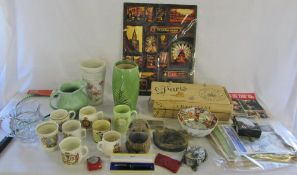 Various ceramics inc commemorative ware, tennis racket, glass jug, knitting patterns, breath tester,