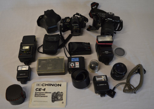 Various cameras including Chinon CE-4 Compact 35mm, Nikon F-401s, Zenith Lomo, various lenses,