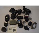 Various cameras including Chinon CE-4 Compact 35mm, Nikon F-401s, Zenith Lomo, various lenses,