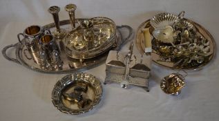 Various silver plate including trays, cutlery, salt pig,