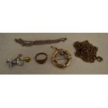 Various jewellery including a 9ct gold button stud, yellow metal ring with unreadable hallmarks,