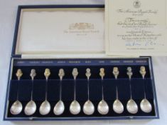 Boxed limited edition set of 10 silver spoons relating to the American Royal family 1607 to 1776 by