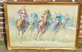 Pallet knife oil painting of a horse race