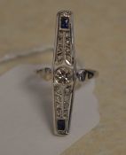 Tested as 9ct white gold Art Deco rectangular diamond and sapphire ring,