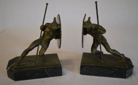 Bronze and marble book ends of warriors charging with shields