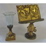Peruvian gilt book stand/lectern H 46 cm & gilt and glass candle stick