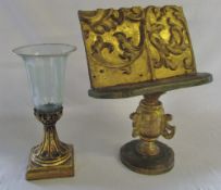 Peruvian gilt book stand/lectern H 46 cm & gilt and glass candle stick