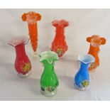6 Murano coloured glass vases