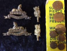 Pair of Lincolnshire regiment brass collar badges,