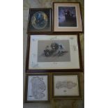 Framed prints including flatcoat retrievers and maps