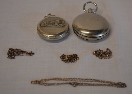 2 Railway themed pocket watches (AF) and 4 small chains marked 925