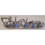 Silver miniature tea service on tray Birmingham 1980 weight 2.