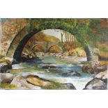 Oil on canvas of a bridge and stream by Tom Griffith signed 'Grenz' (unframed) 76 cm x 51 cm