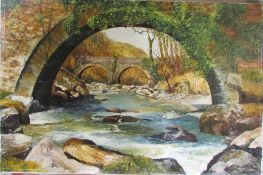 Oil on canvas of a bridge and stream by Tom Griffith signed 'Grenz' (unframed) 76 cm x 51 cm