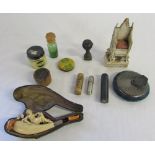 Columbia record cleaner, throne pin cushion, pipe (af), wooden needle cases inc Mauchline ware,