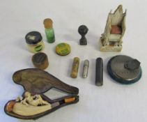 Columbia record cleaner, throne pin cushion, pipe (af), wooden needle cases inc Mauchline ware,