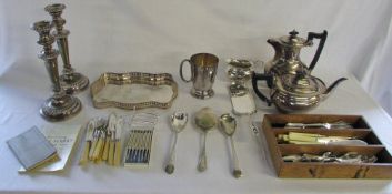 Selection of silver plate inc tea service and candlesticks