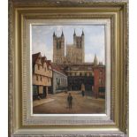 Oil on canvas of Bailgate, Lincoln by A E White date 97 47.