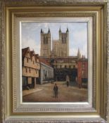 Oil on canvas of Bailgate, Lincoln by A E White date 97 47.
