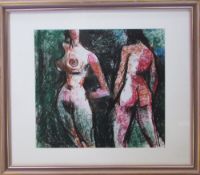 Studio stamped impressionist work in wax crayon of two nudes by Peter Collins (1923-2001) Stanley
