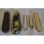Silver bladed fruit knife and 4 other pocket knives