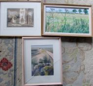 2 watercolours by Christopher Harrison & an oil painting of a field by D R Vallentine