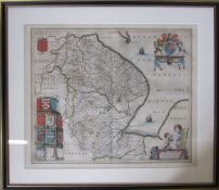 William & Jan Blaeu double page engraved map of Lincolnshire glazed both sides with French text to