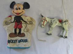 Vintage Mickey Mouse glove puppet & metal Muffin the Mule toy