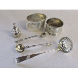 Assorted silver inc napkin rings, salt spoons, small sugar sifter & pepper pot lid total weight 2.